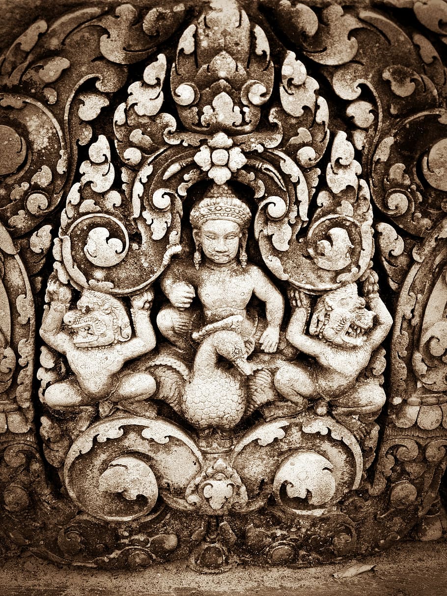 deity, riding, bird sculpture, reap, siem, cambodia, angkor, bayon, wat, asia