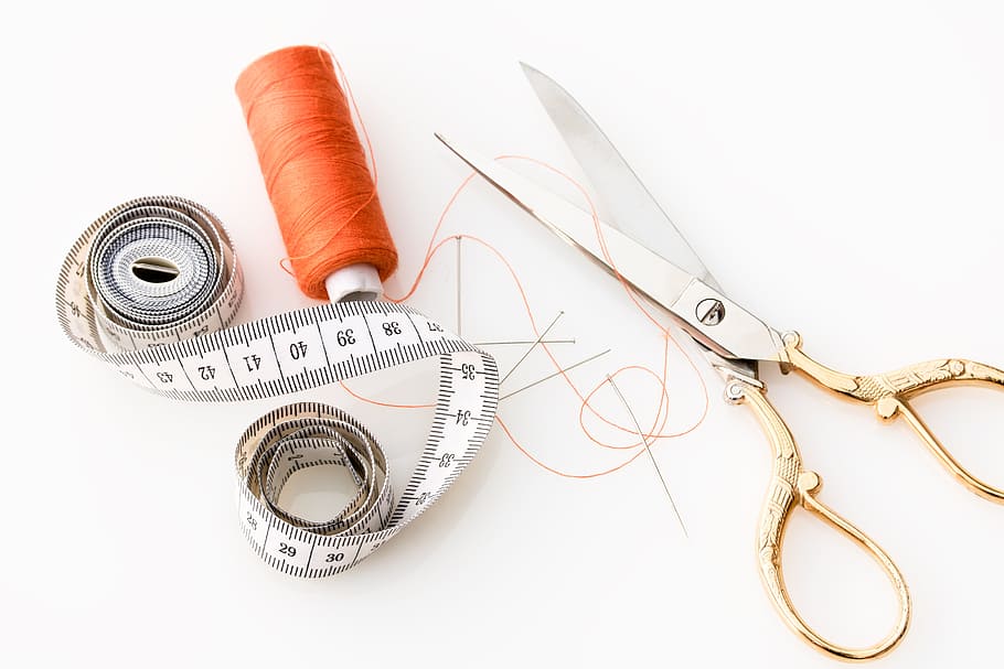 brass, stainless, steel scissors, orange, thread, stainless steel, scissors, tape measure, fabric scissors, needles