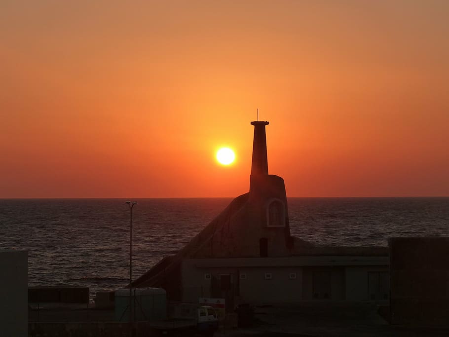 malta, ferry terminal, sunset, sky, sea, water, orange color, architecture, horizon, horizon over water
