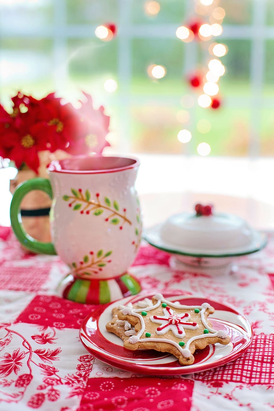 food photography, cookies, served, red, ceramic, plate, christmas, hot chocolate, hot cocoa, green colorful