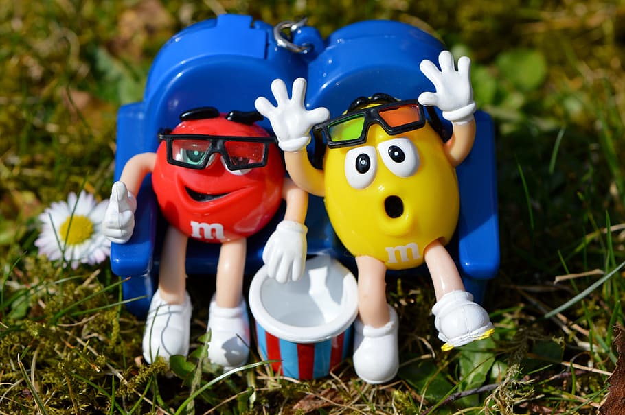 yellow, red, m&m, m &m plastic toy, green, grass field, m m's, candy, funny, fun