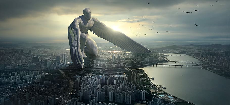 man, wings illustration, fantasy, city, angel, giant, mystical, atmosphere, composing, fairytale