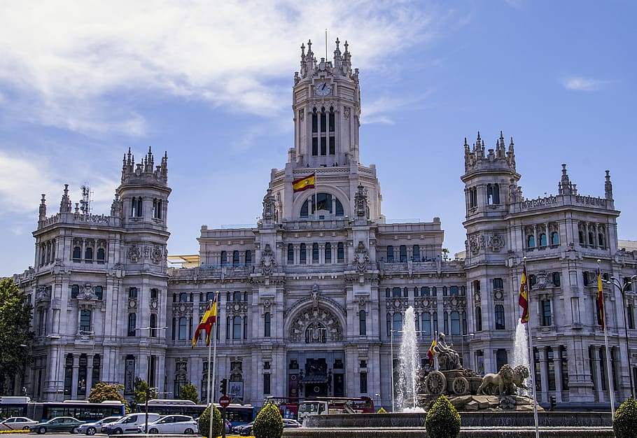 madrid, town hall, ayuntamiento, palacio de cibeles, modernist architecture, architecture, built structure, building exterior, sky, city