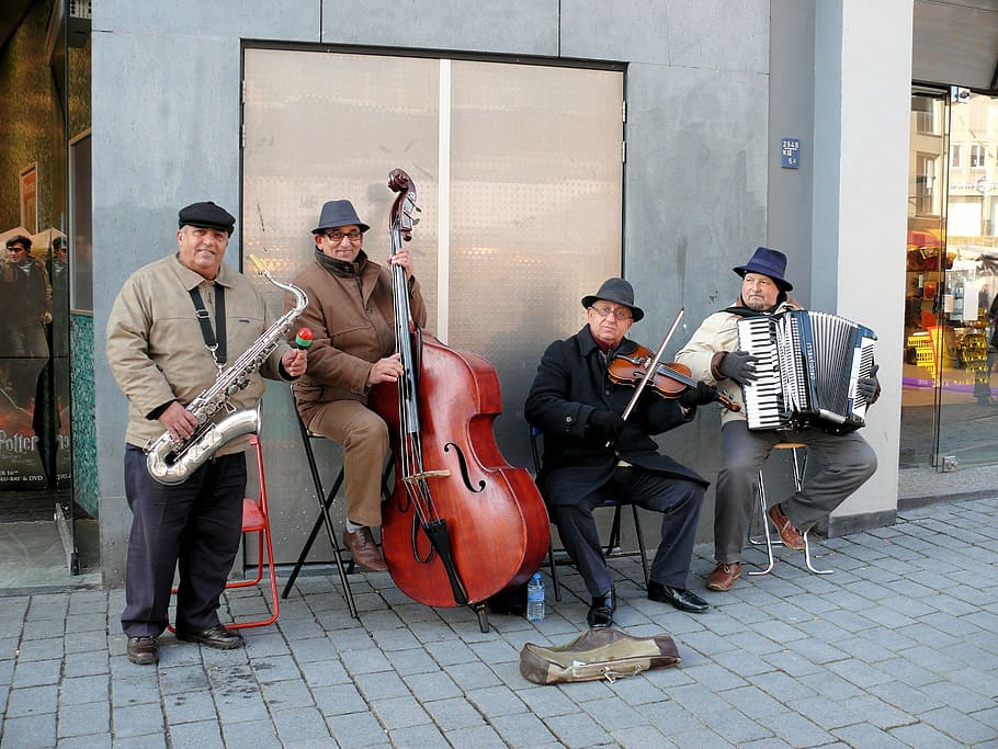 street orchestra, musicians, music, busker, musical instrument, group of people, musician, full length, artist, performance