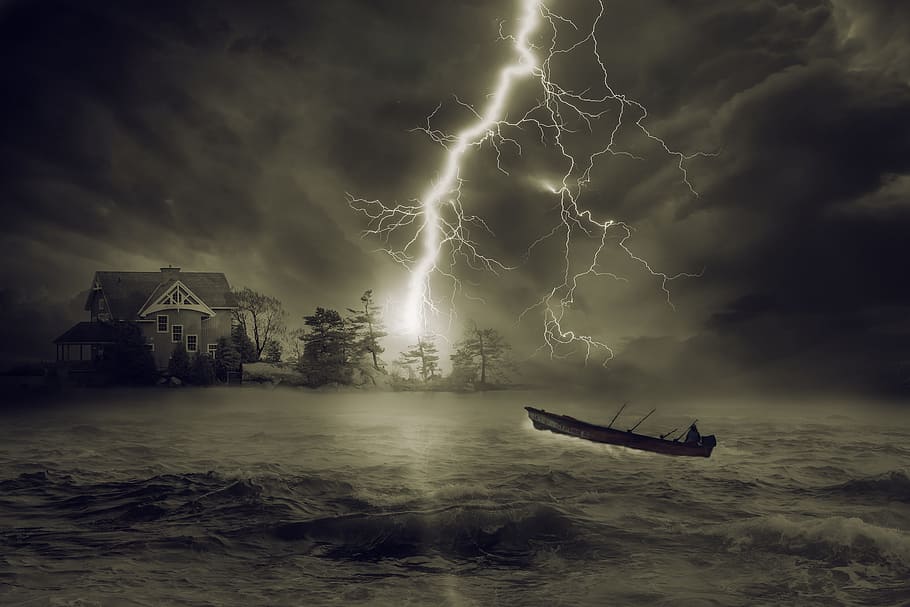 grayscale illustration, boat, ocean, lightning strike, thunderstorm, storm, flash, clouds, lake, rough sea