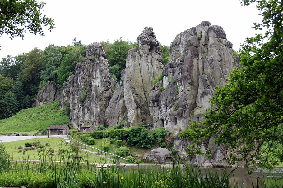 grey, mountain, cloudy, sky, rock, stones, externsteine, teutoburg forest, plant, tree