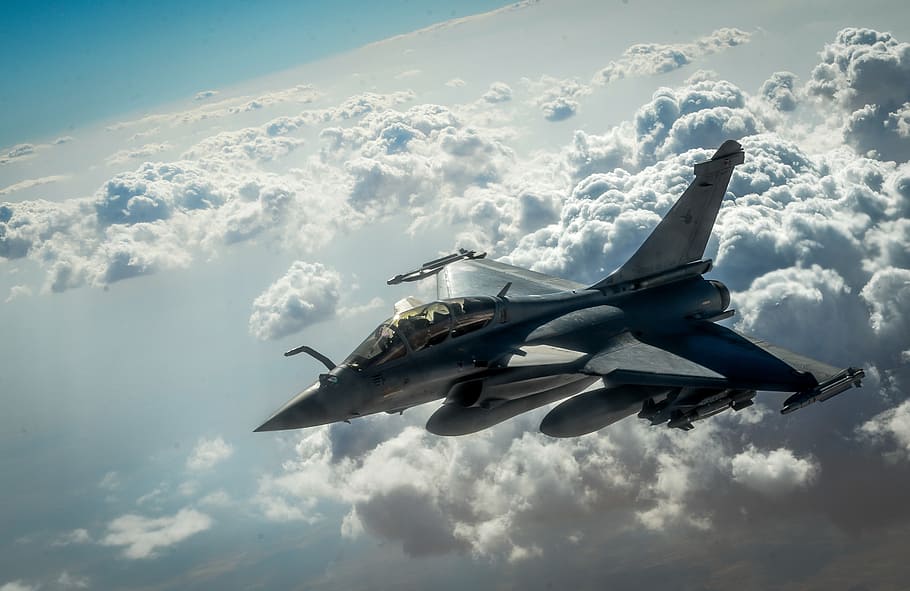 rafale, french air force, flight, air vehicle, cloud - sky, airplane, sky, mode of transportation, flying, transportation