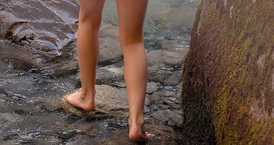 person, walks, gray, stones, barefoot, human, feet, legs, water, bach