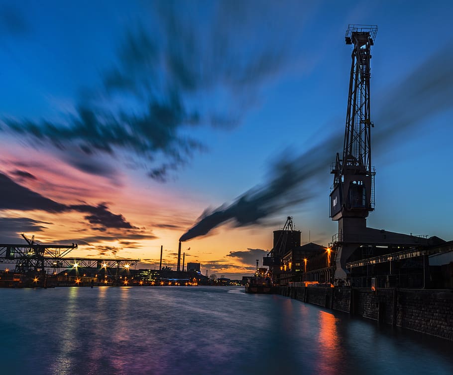 waters, sunset, sky, dusk, river, industry, architecture, city, fossil fuel, steel