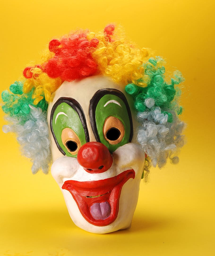 white, red, green, clown bust, clown, mask, happy, face, makeup, colorful hair
