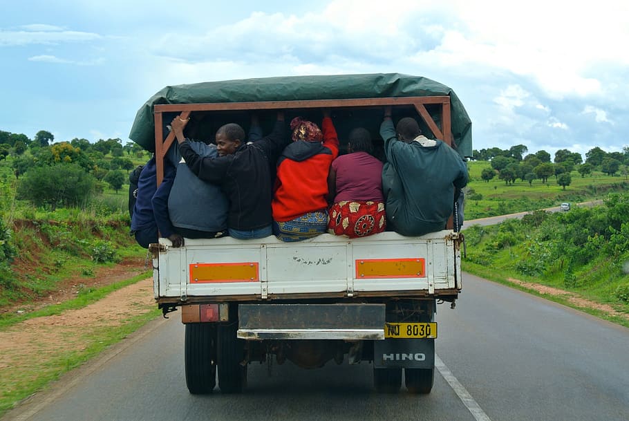África, camión, transporte, carretera, vehículo, personas, camiones, automóviles, tres personas, escena rural