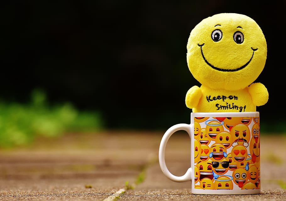 yellow, smiley, plush, toy, mug, brown, floor, daytime, smilies, cup