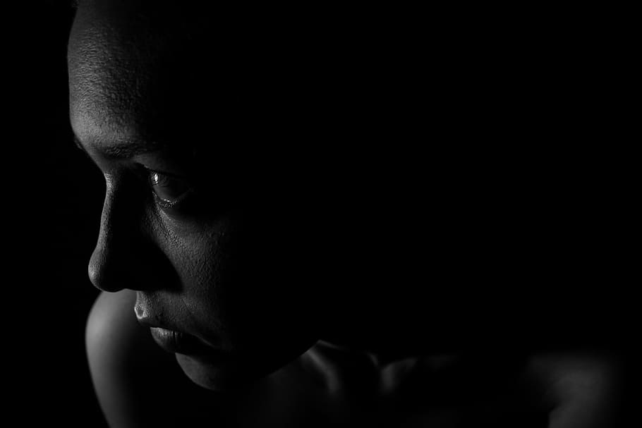 woman taking selfie, dark, face, girl, person, woman, black background, human body part, depression - sadness, loneliness