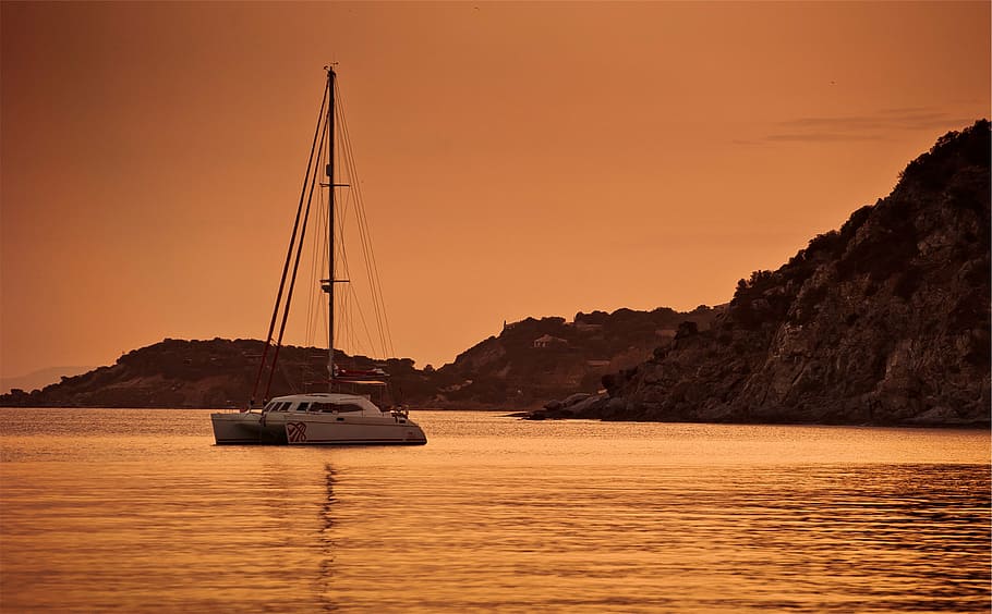yacht, cruising, body, water, white, sailboat, sunset, dusk, boat, mountains