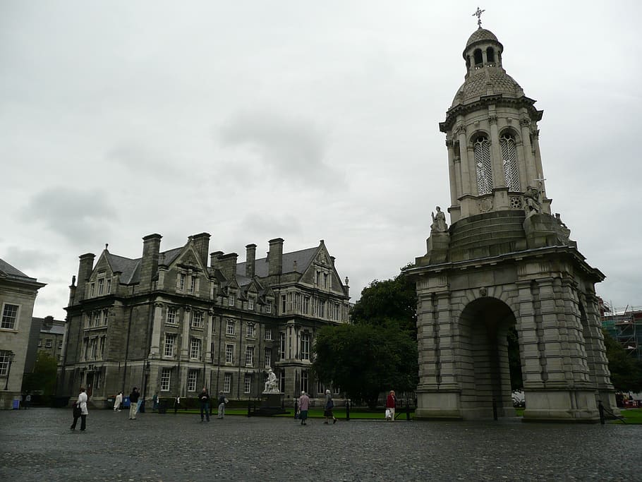gray, tower, buildings, cloudy, day sky, trinity college, ireland, dublin, architecture, building