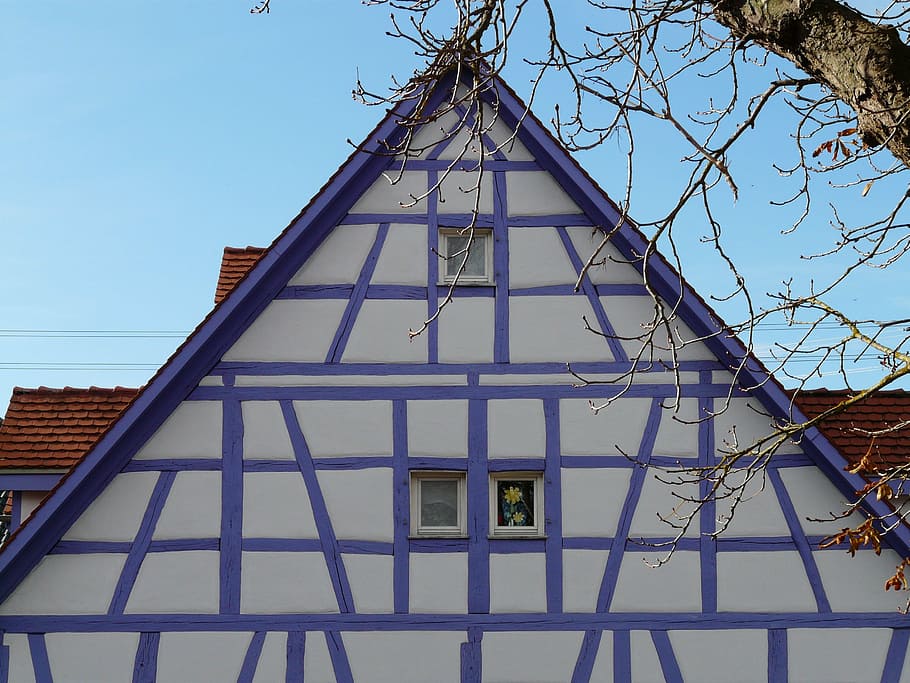 fachwerkhaus, truss, building, architecture, wood, window, bar, gable, purple, home