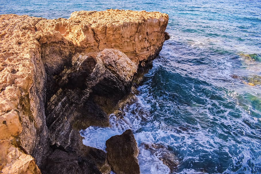 cape, coast, rocky, sea, waves, cliff, scenery, coastal, kapparis, cyprus