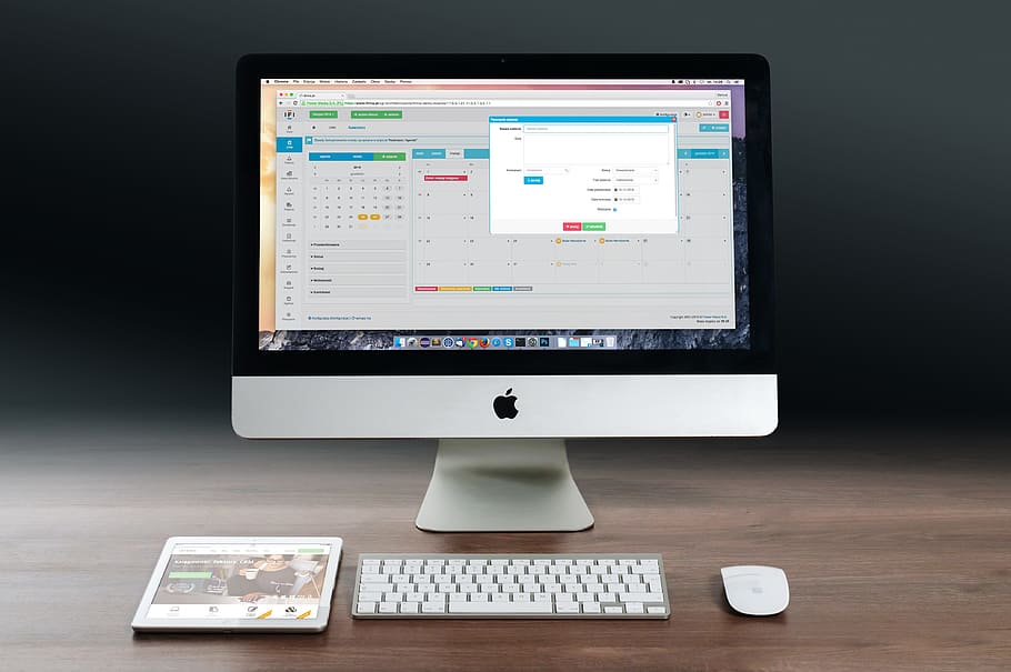 iMac perak, apple magic mouse, nirkabel, keyboard, putih, ipad, coklat, meja, apple, iMac