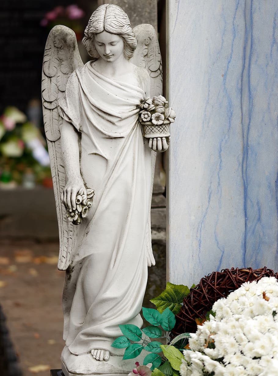 sculpture, statue, monument, stone, the funeral, the grave, figure, angel, wings, flowers