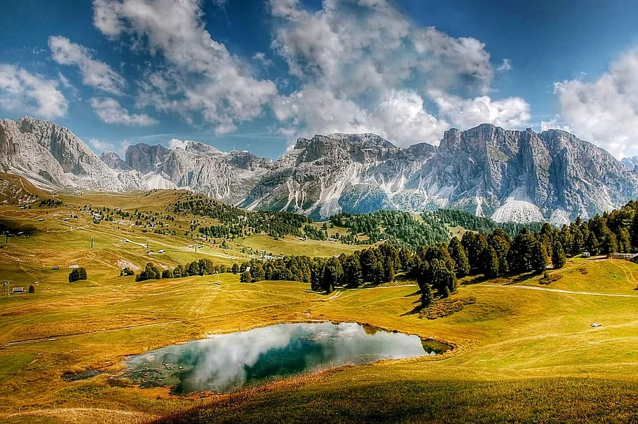 fotografía de la naturaleza, árboles, durante el día, dolomitas, montañas, Italia, Tirol del Sur, alpino, Val Gardena, vista