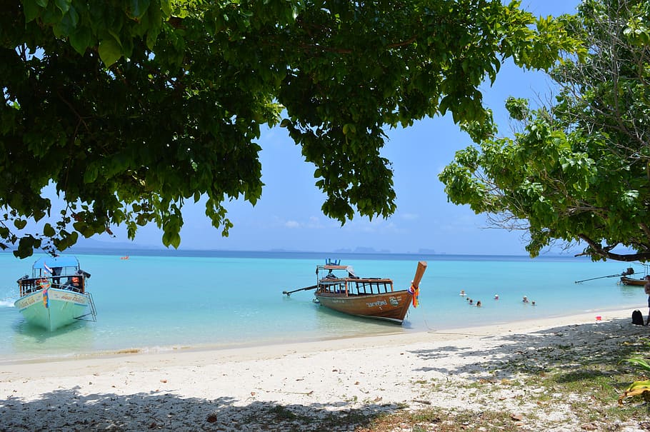 Thailand, Krabi, Desert Island, beach, nautical vessel, water, sea, tree, nature, transportation