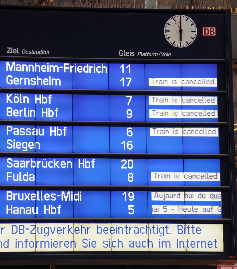 turned, ziel destination signage, deutsche bahn, railway station, rail strike, concourse, frankfurt, train, departure, schedule