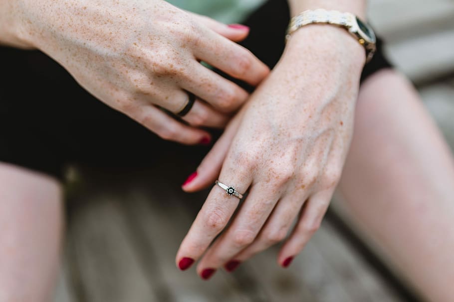 woman, hands, jewelry, Detail, female, jewellery, jewelery, ring, freckles, red nails
