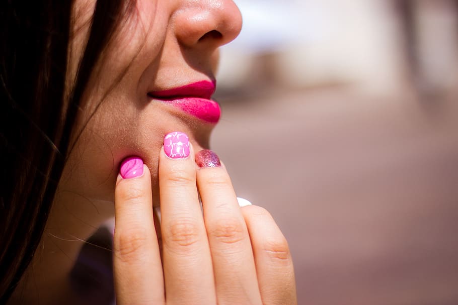 girl, young, mouth, lips, happy, pink, thinking, face, nail polish, one person