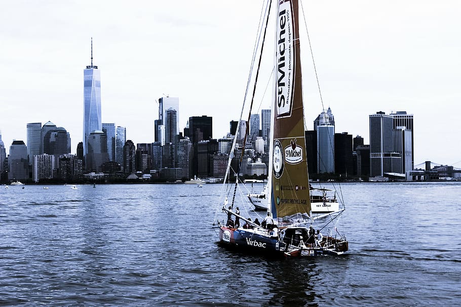 sailboat, body, water, city, people, riding, heading, towards, new, york