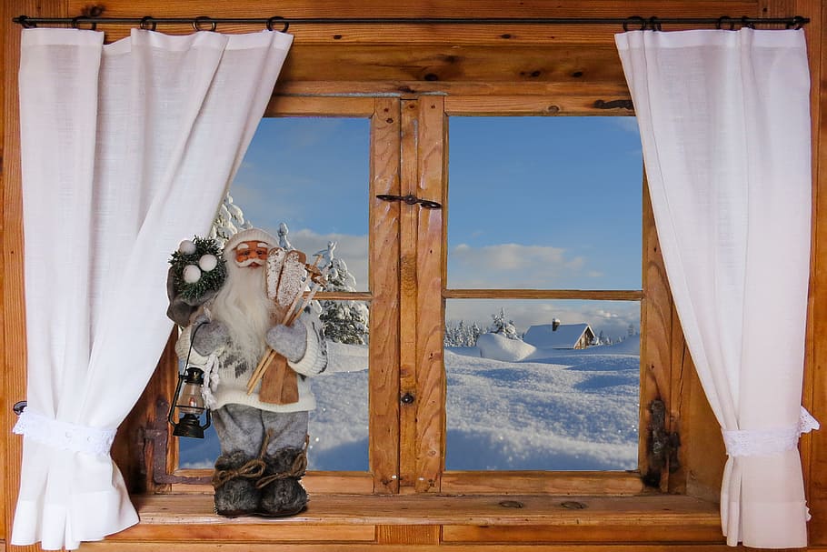 winter, wintry, snowy, window, wooden windows, outlook, curtain, hut, winter hut, christmas picture