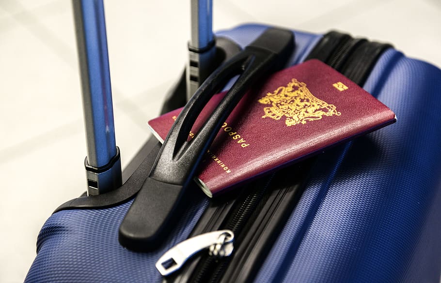 paspor, biru, koper perjalanan, koper, troli, perjalanan, liburan, pariwisata, turis, penerbangan