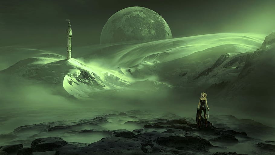 mulher, em pé, rochas, torre, lua, ilustração de fundo, fantasia, paisagem, neblina, verde