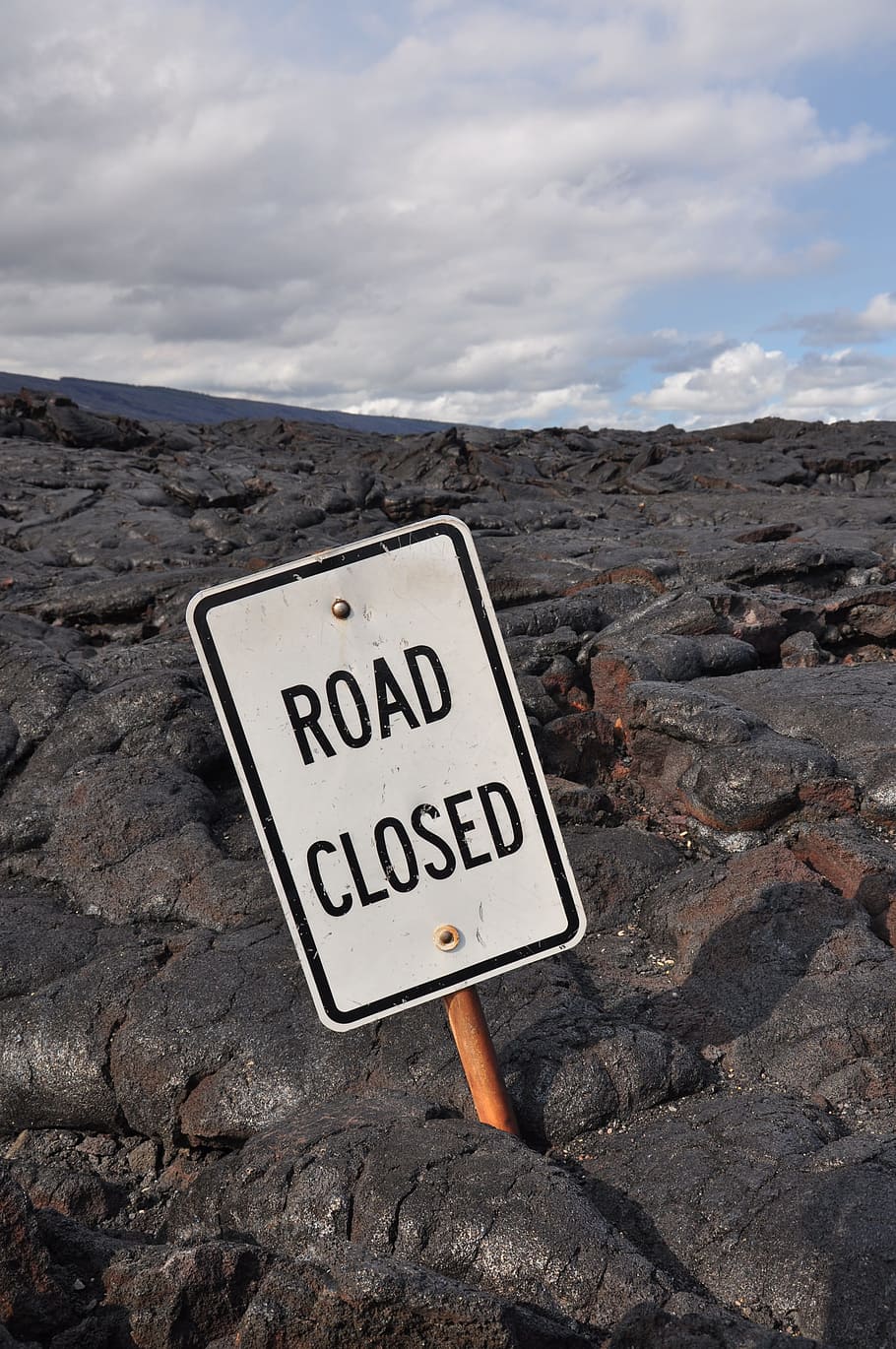 white, black, road, closed, signage, rock fragments, lava, north america, usa, hawaii