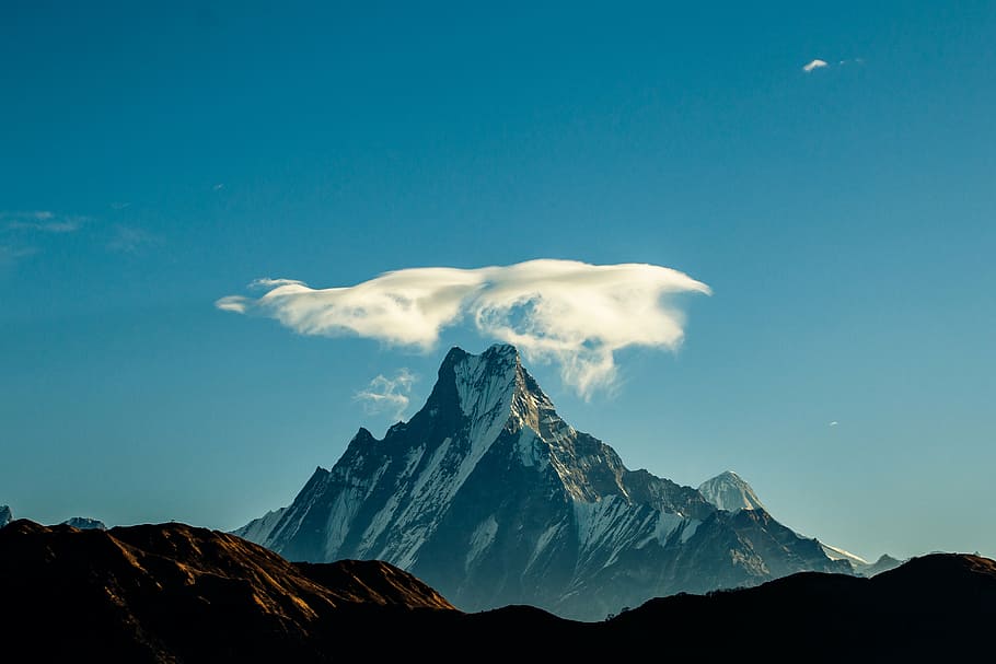 white, cloud, mountain, fishtail, landscape, nepal, nature, trekking, machapuchare, outdoor