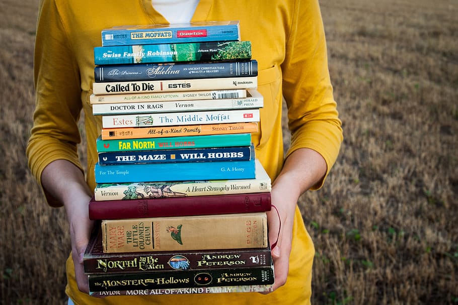 person, yellow, shirt, carrying, books, reading, girl, people, education, read