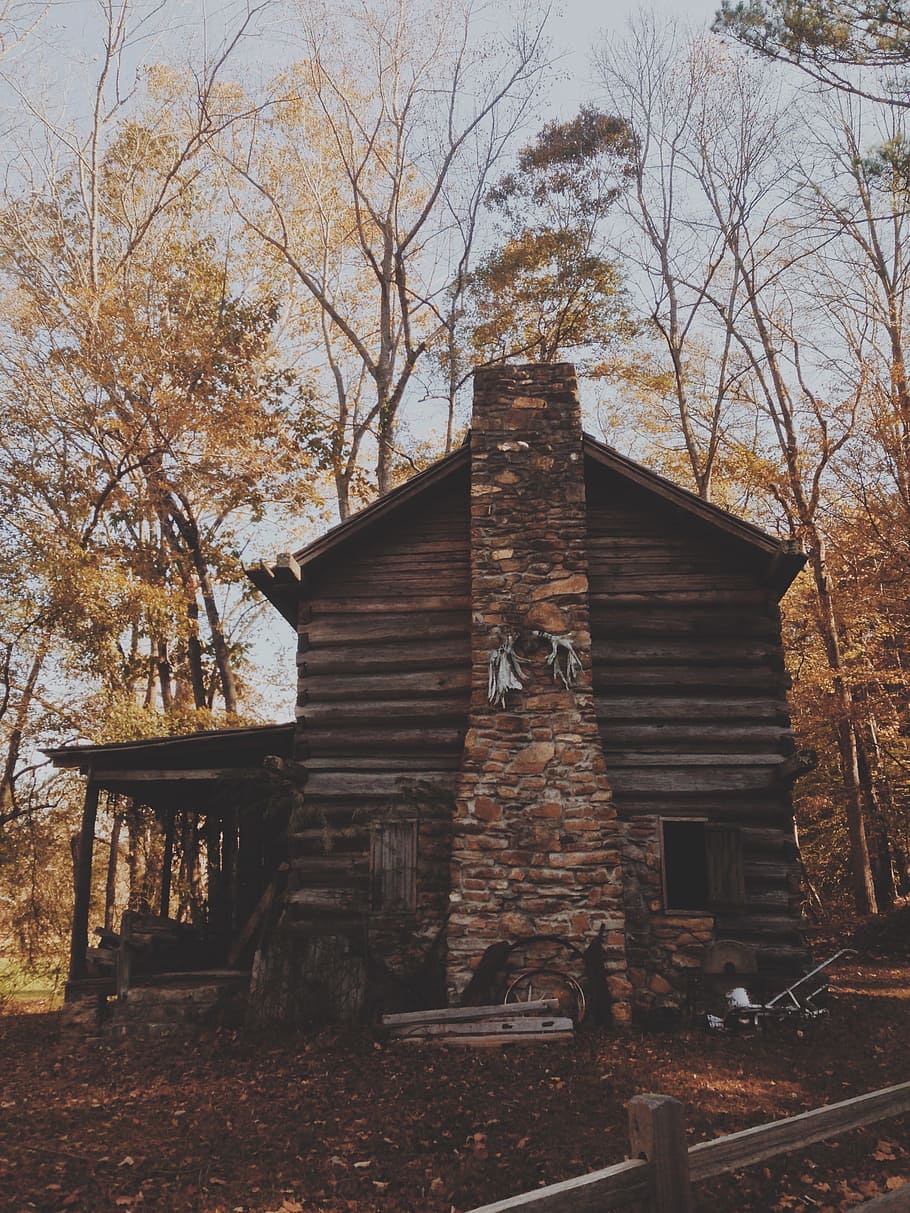 brown, wooden, house, chimney, cabin, rustic, log cabin, rural, cottage, country