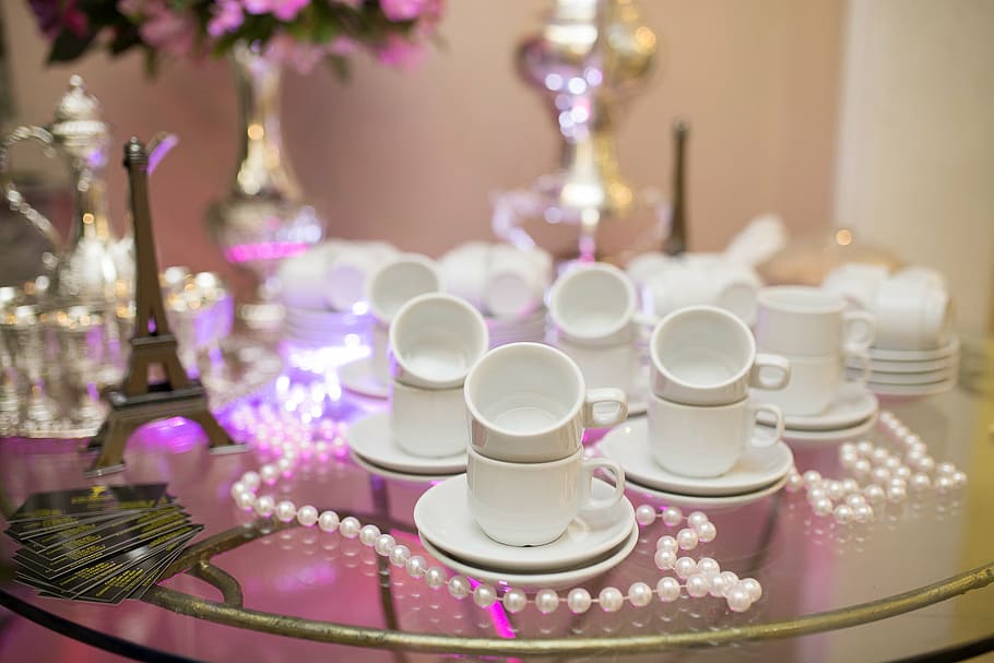 white, ceramic, teacups, glass table, cup, saucer, glass, table, interior, design