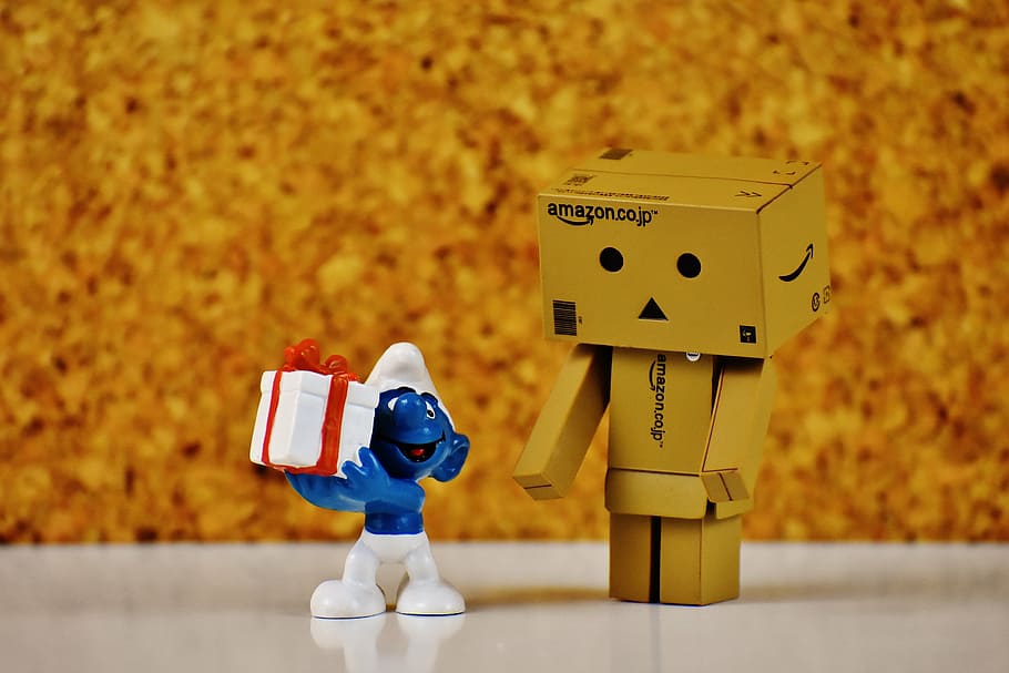 brown, box man, smurf character, white, surface, danbo, smurf, gift, give, made