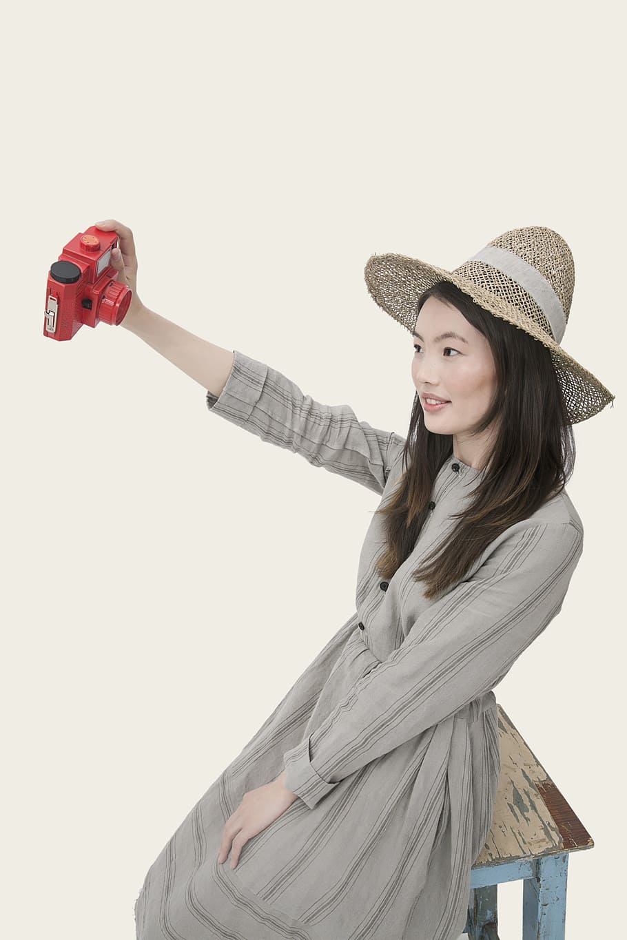 woman, holding, red, camera, girl, asian, asian girl, female, young, attractive