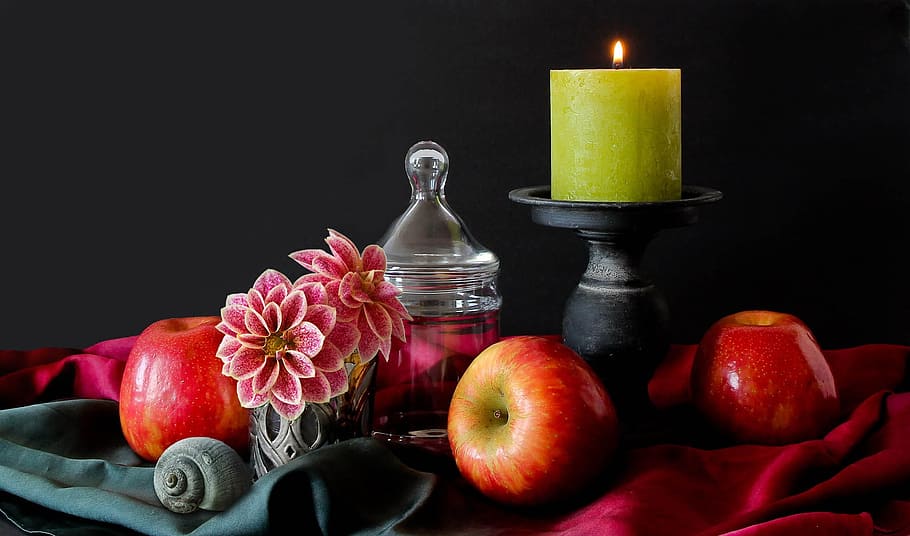apple, black, wooden, candle holder, green, votive, top, table, red, apples