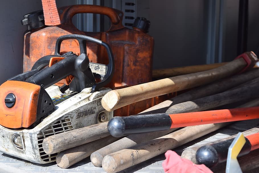 chainsaw, ax, emergency, firemen, equipment, still life, close-up, large group of objects, metal, choice