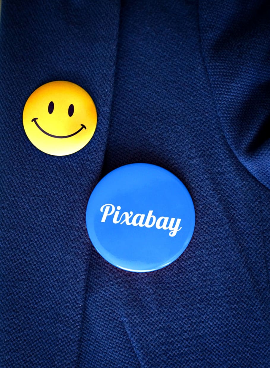 黄色, 青, ピン, 繊維, ボタン, バッジ, フォント, スマイリー, Pixabay, ありがとう