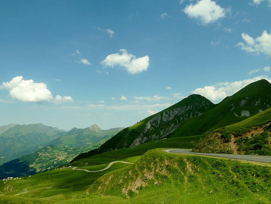 france, landscape, mountains, scenic, sky, clouds, road, valley, ravine, grass