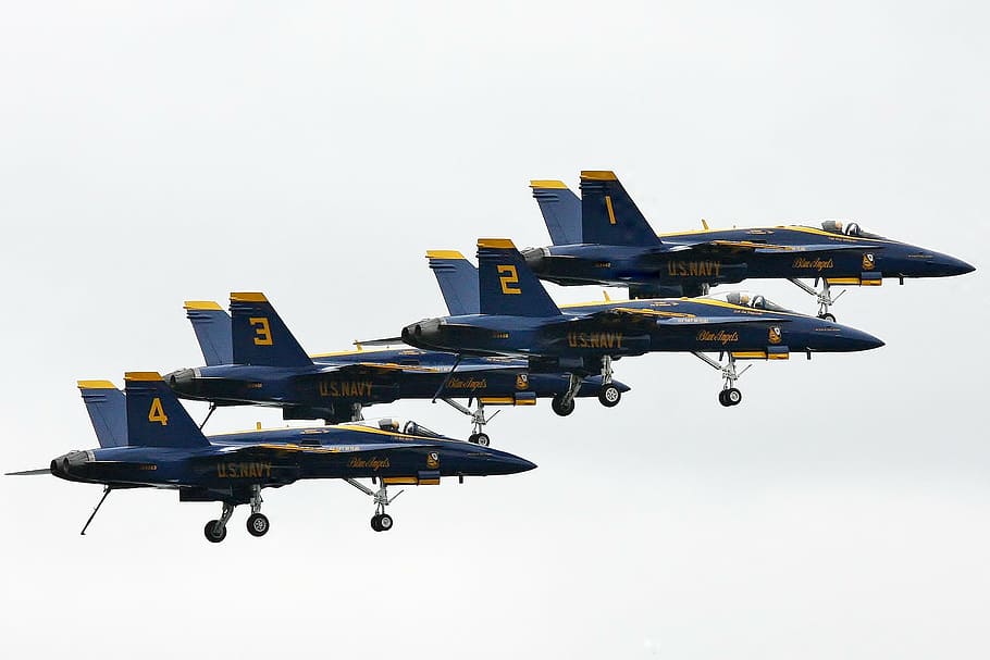 four, flying, blue, jet planes, airplane, blue angles, aircraft, sea fair, seattle, military airplane