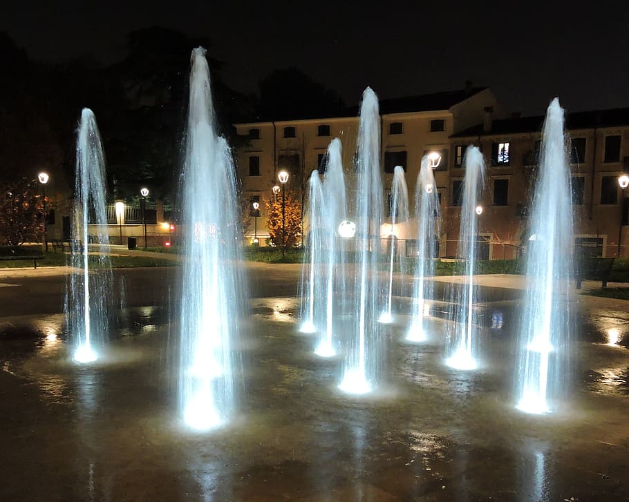 fountains, piazza cittadella, verona, night, nocturne, lighting, illuminated, architecture, built structure, water