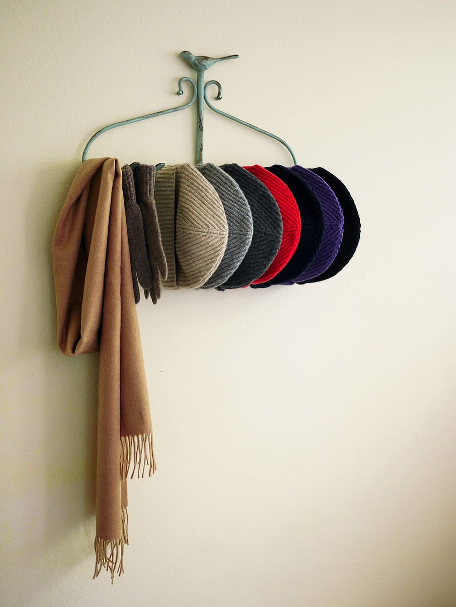 Bufanda, gorra, vintage, percha, pared, moda, aspecto concreto, otoño, colgante, perchero