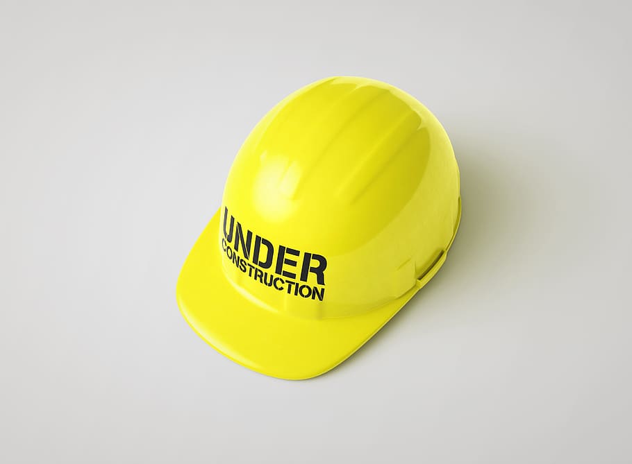 黄色のヘルメット, 建設, サイン, 下, 3D, 背景, バナー, 建物, ビジネス, 注意