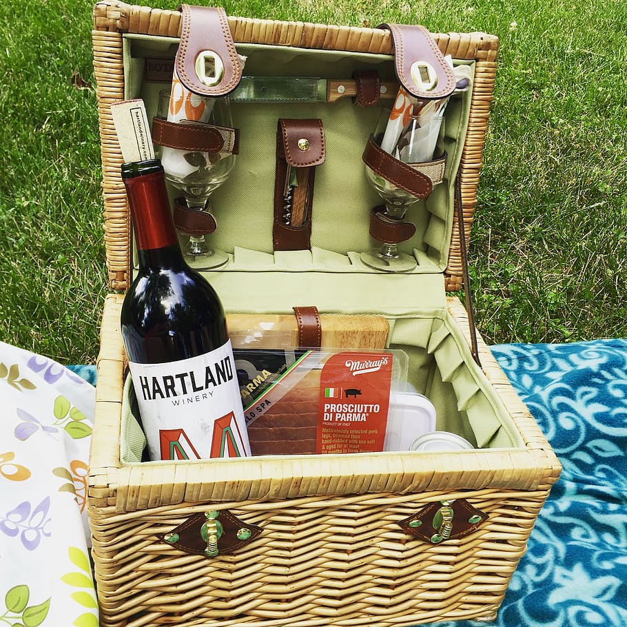 picnic, wine, cheese, park, relaxation, nature, outdoors, wineglass, glass, couple