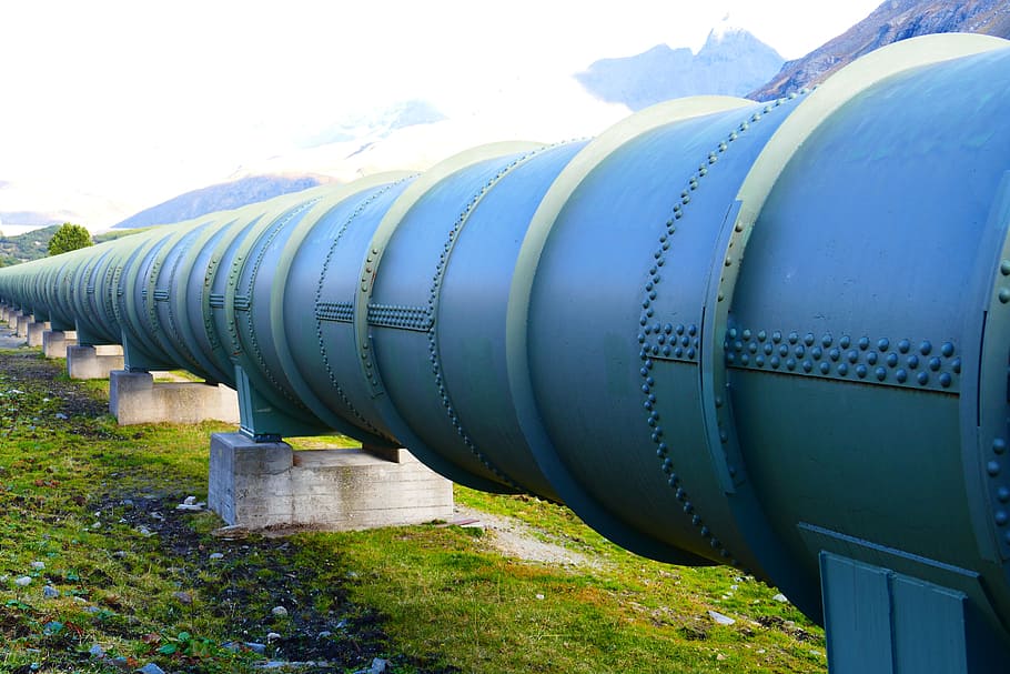large, gray, steel pipe, Tube, Pipeline, pressure water line, water, guide, water running, flow