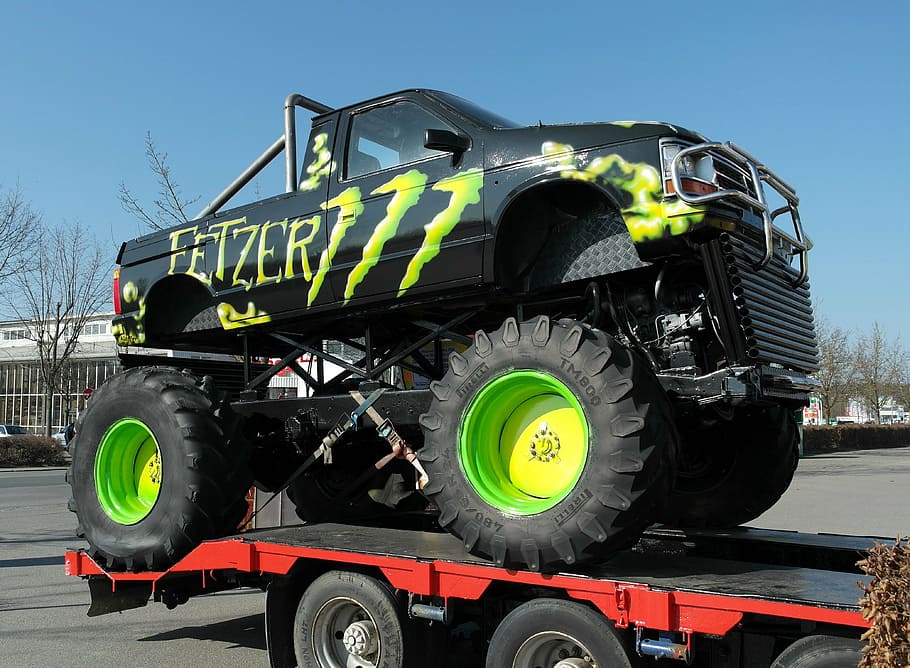 hitam, hijau, truk monster fetzer, trailer, siang hari, truk, kendaraan, truk monster, mobil, otomotif